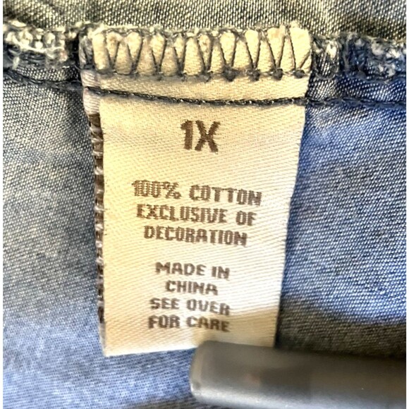 Per Se Shirt Denim Studs Roll Flip Sleeve Floral Blue 1X Button Hippie Boho Y2K - Picture 5 of 16